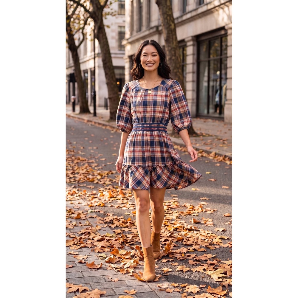 Umgee Womens Plaid Puff Sleeve Smocked Waist Ruffle Mini Dress Navy Rust K8961 L